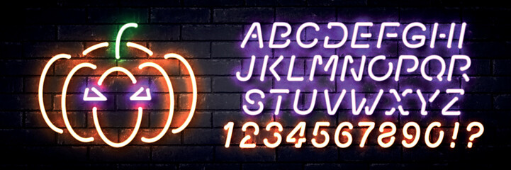 Vector realistic isolated neon sign of Happy Halloween with easy to change color alphabet font on the wall background.
