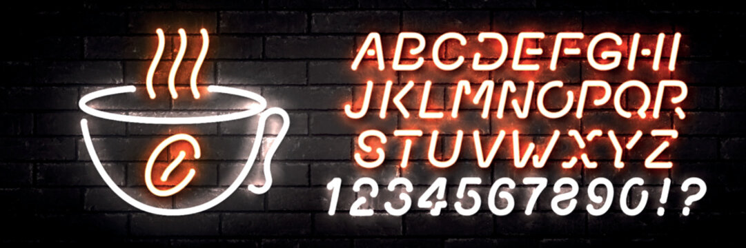 Vector realistic isolated neon sign of Coffee logo with easy to change color alphabet font on the wall background. Concept of cafe and coffee shop.