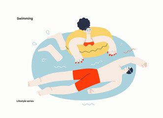 Fototapeta premium Lifestyle series - Swimming - modern flat vector illustration of a man and a woman swimming in the pool. People activities concept