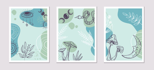 Boho abstract art plant botanical leaf poster desor concept. Graphic design element vector illustration set
