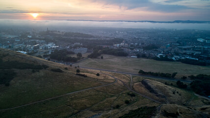 Aerial view of Edinburgh - flying over the slopes of Arthur's Seat