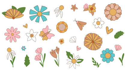 Groovy flowers set. Retro 70s floral graphic elements isolated collection. Hippie flowers, butterfly, flower power pastel design. Groovy decorative vector illustration. 60s retro vintage flower.