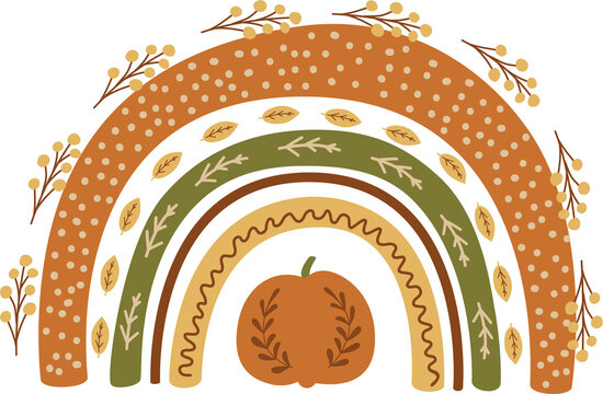 Autumn rainbow PNG, transparent. Floral rainbows set in autumn orange, green, yellow colors. Cute fall hand drawn illustration. Fall season decorative banner, autumn harvest festival logo.