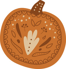 Cute autumn pumpkin PNG. Halloween Pumpkin. Autumn pumpkin harvest festival. Thanksgiving Day graphic element isolated. Fall Pumpkin decorated flowers, leaves. Illustration. 
