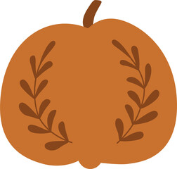 Cute autumn pumpkin PNG. Halloween Pumpkin. Autumn pumpkin harvest festival. Thanksgiving Day graphic element isolated. Fall Pumpkin decorated flowers, leaves. Illustration. 