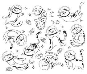 Space astronaut space cute cat pet line art isolated concept set. Vector graphic design element illustration