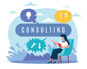 Consulting, supervisory development training, online questions and answers, psychology help. Female expert technical support. Vector cartoon flat psychologist or coach concept