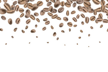 Coffee flying bean background. Black espresso grain falling. Rustic coffee bean fall on white background. Represent breakfast, energy, freshness or great aroma concept.