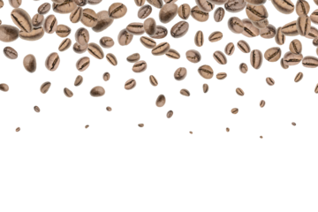 Coffee flying bean background. Black espresso grain falling. Rustic coffee bean fall on white background. Represent breakfast, energy, freshness or great aroma concept.