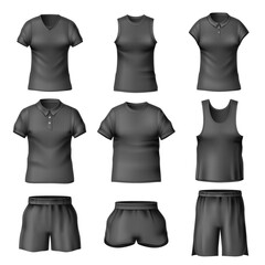 Realistic black t-shirts and short. Different types shirts, male and female casual clothes top view, underwear blank mockup, 3d blank textile objects, utter vector isolated set