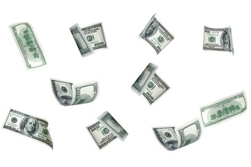 Money stack. Hundred dollars of America. Falling money isolated, us bill background.