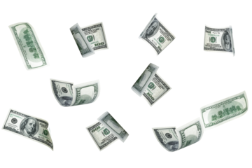 Money stack. Hundred dollars of America. Falling money isolated, us bill background.