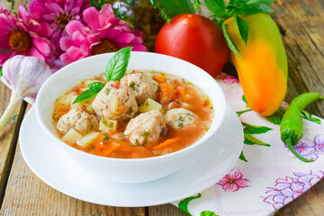 Tomato soup with chicken meatballs. Vegetable soup with chicken. Wooden background