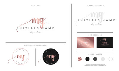 initial Letter M MG Beauty Logo on Rose Gold. Feminine Handwriting Branding Collections Template - Vector