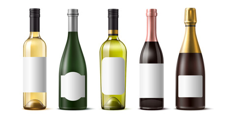 Realistic wine bottles. 3d isolated glass grape alcohol containers, different shapes drink packaging mockups, clean labels, red white and rose beverages, vine and champagne, utter vector set - obrazy, fototapety, plakaty