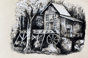 A water mill with a river in the forest. Modern liner drawing © Yurii