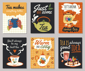 Tea time menu cards. Cute breakfast posters with funny hand drawn text, hot drinks and different sweets and desserts, cozy home feast, cafe or restaurant decor tidy vector cartoon set