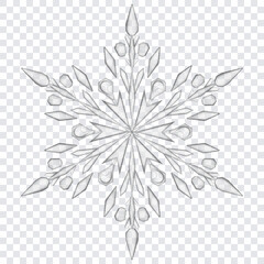Big complex translucent crystal Christmas snowflake in gray colors, isolated on transparent background. Transparency only in vector format
