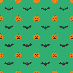 Halloween pattern, smiling and funny cartoon characters pumpkin on green background.