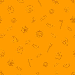Halloween orange festive seamless pattern, endless background with pumpkins.