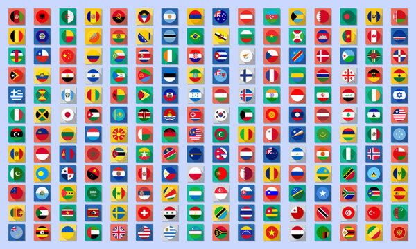 Vector flags of all countries of the world in a circle with a long shadow on bright backgrounds.