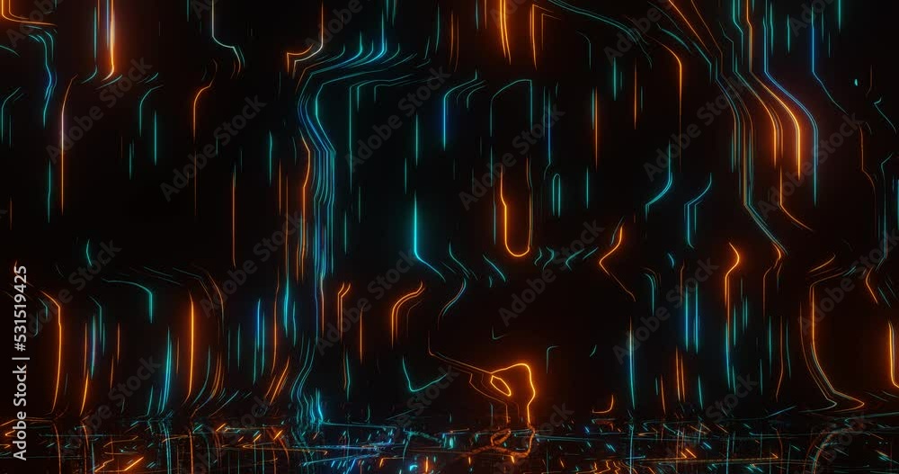 Poster abstract colorful background with bright neon rays and glowing lines. blue, orange lines are moving.