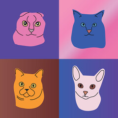 Portraits of cats in abstract colors.  Home pets hand drawn cartoon style. Modern vector illustration. 