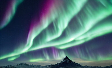 Northern Lights over snowy mountains. Aurora borealis with starry in the night sky. Fantastic Winter Epic Magical Landscape of Mountains	