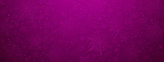 Background of complex big and small Christmas snowflakes in purple colors. Winter illustration with falling snow