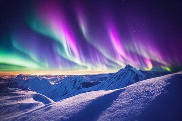 Northern Lights over snowy mountains. Aurora borealis with starry in the night sky. Fantastic...