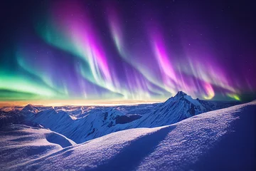 Selbstklebende Fototapete Nordlichter Northern Lights over snowy mountains. Aurora borealis with starry in the night sky. Fantastic Winter Epic Magical Landscape of Mountains 