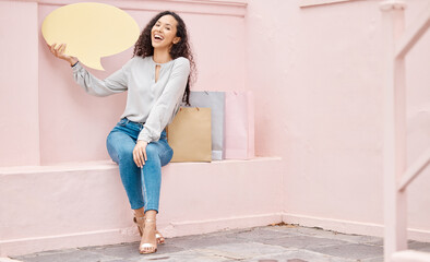 Woman shopping with speech, social media announcement or speech bubble on pink wall background and mockup. Retail customer with voice, review or chatting sign for online shopping, ecommerce or retail