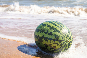 A whole green watermelon on the ocean.