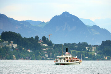 Tourist cruise boat on Lucerne Lake near Lucerne or Luzern city in central Switzerland
