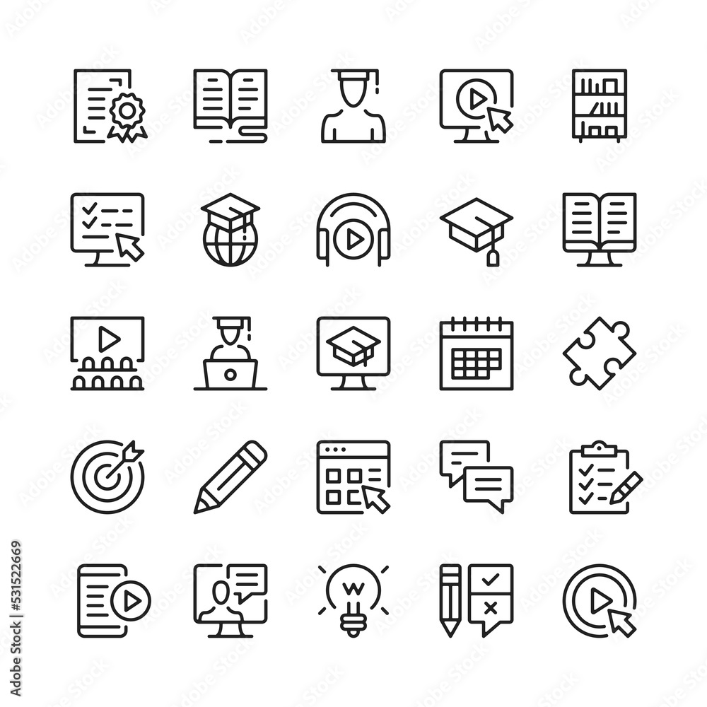 Poster online learning line icons. outline symbols. vector line icons set