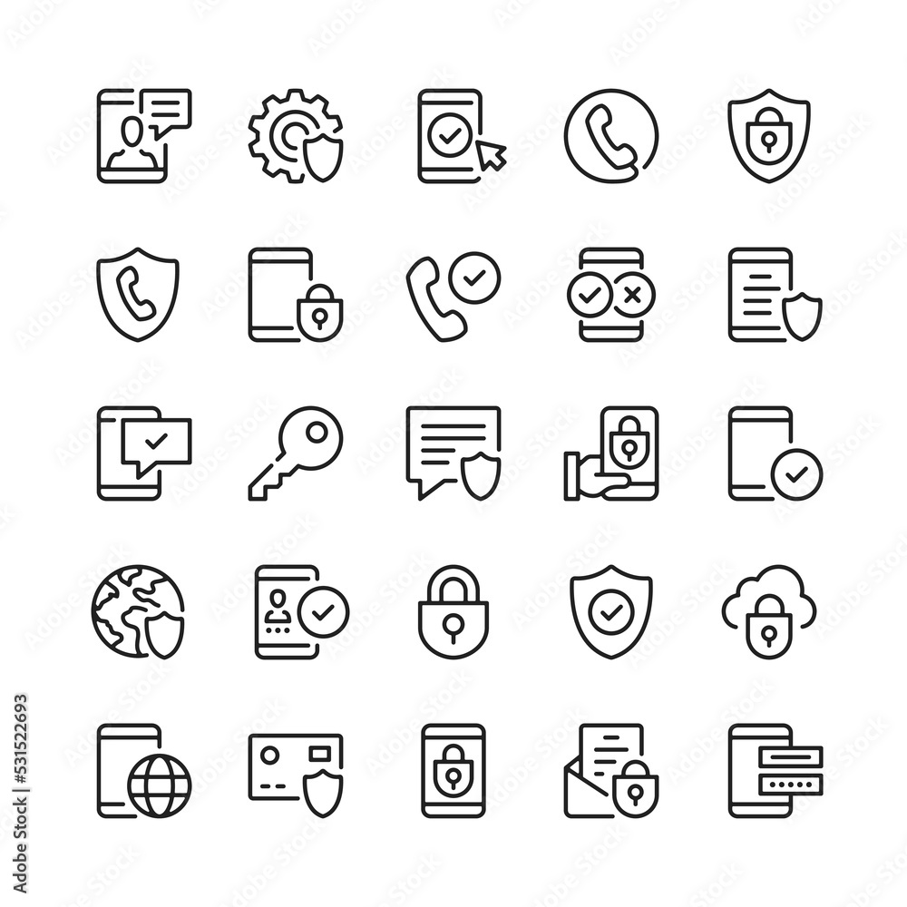 Poster mobile security line icons. outline symbols. vector line icons set