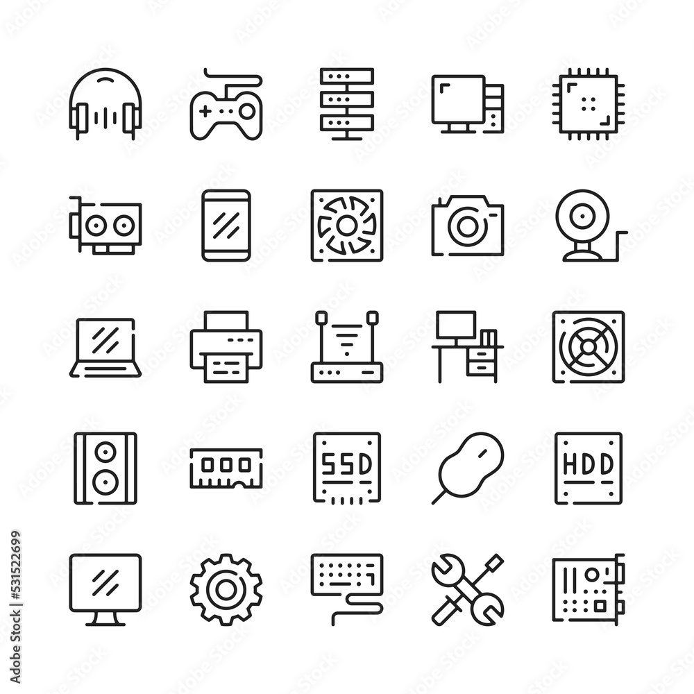 Poster computer hardware line icons. outline symbols. vector line icons set
