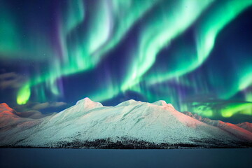 Northern Lights over lake. Aurora borealis with starry in the night sky. Fantastic Winter Epic Magical Landscape of snowy Mountains	 - Powered by Adobe