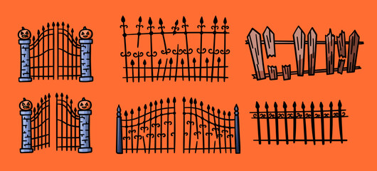 Vector Halloween hand drawn doodle objects set of iron and wooden creepy broken cemetery fences and gates with pumpkins illustration.