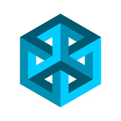 Blue impossible rectangle penrose shape. Esher geometric object. Hexagon cube design element. Intertwined double square. Optical illusion. Visual effect. Modern logo. Vector illustration, clip art. 