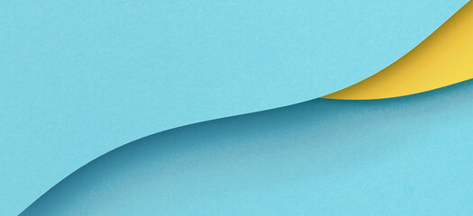 Abstract color papers geometry flat lay composition banner background with blue and yellow tones