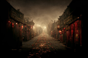 Naklejka premium Mysterious Scary Empty Street of Autumn Asian Old Town 3D Art Fantasy Illustration. Spooky Environment Horror Movie Place Background. Creepy Alley of Oldtown AI Neural Network Generated Art Wallpaper