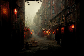Spooky Empty Red Lights Street In Mystical Ancient Town 3D Art Illustration. Mysterious Creepy Alley of Oldtown Background. Chinatown Hidden Fantasy District AI Neural Network Generated Art Wallpaper