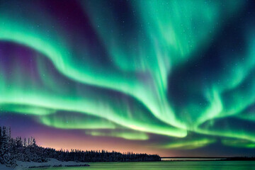 Northern Lights over lake. Aurora borealis with starry in the night sky. Fantastic Winter Epic Magical Landscape of snowy Mountains	