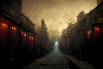 Naklejka premium Fairy Tale Mystical Empty Red Lights Street of the Ancient Town 3D Art Illustration. Spooky Alley of Oldtown Atmospheric Background. Fantasy Scary Environment AI Neural Network Generated Art Wallpaper