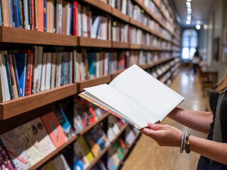woman holding book in front of bookshelf, selective focus © bahadirbermekphoto