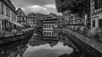 alsace, ancient, architecture, beautiful, black and white, building, city, cityscape, europe, exterior, grayscale, historic, history, house, landmark, landscape, old, petite france, river, stone, stra