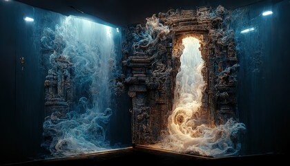 White smoke flowing out of ancient portal arch in dark space - obrazy, fototapety, plakaty