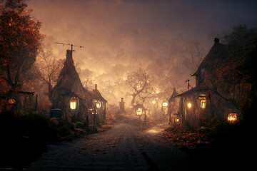 Naklejka premium Night Autumn Misty Street with Ugly Huts in Ghost Village 3D Art Illustration. Spooky Mystical Old Small Town Halloween Fantasy Background. Mysterious Rural Witch Hovels AI Generated Art Wallpaper