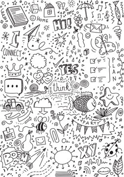 Set of different doodles, vector hand drawing on white paper
